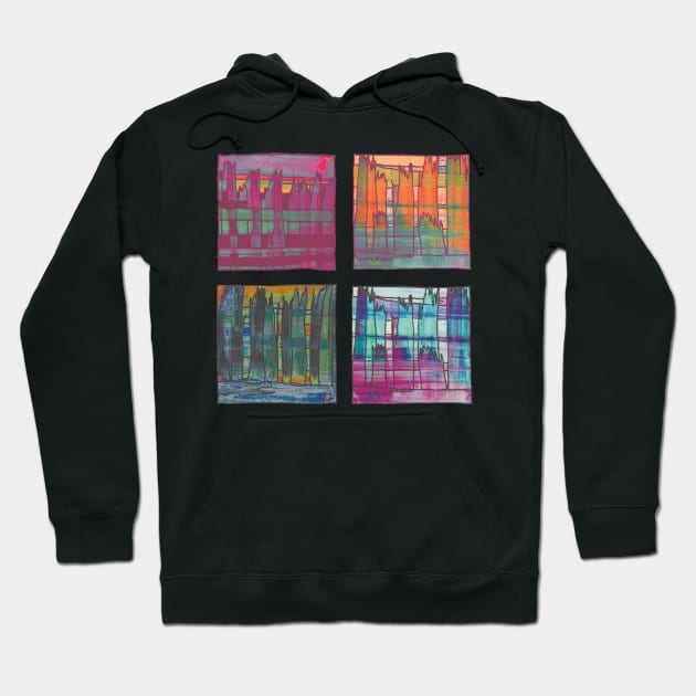 Liminal Space in Orange, Bordeaux, Bottle Green and Sapphire Blue through 4 windows Hoodie by BlackArtichoke